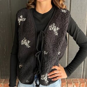 Black embroidered teddy fur vest NWT